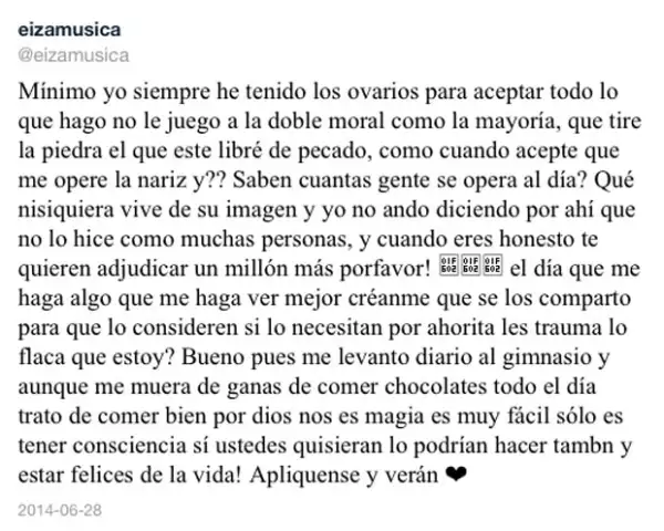 Eiza aseguró deber su figura al ejecicio y la alimentación.