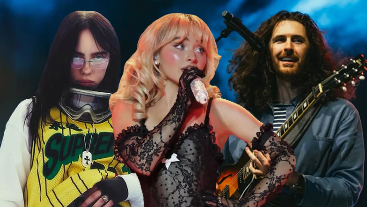 foto collage de Billie Eilish, Sabrina Carpenter y Hozier.