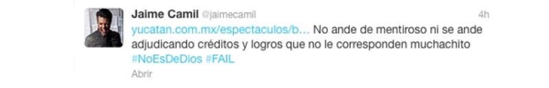 Mensaje que Jaime Camil publicó en su Twitter.