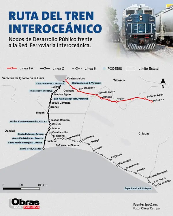 Mapa de la ruta del Tren Interoceánico y los nodos de Desarrollo para el Bienestar. 