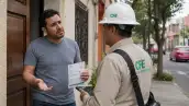 Un hombre con cara de preocupación, afuera de una casa frente a un hombre que viste uniforme color café y casco.png