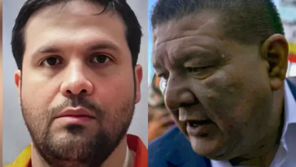 En la imagen dividida en dos se ve a Joaquín Guzmán López, hijo del Chapo, y a César Jáuregui, fiscal de Chihuahua. 