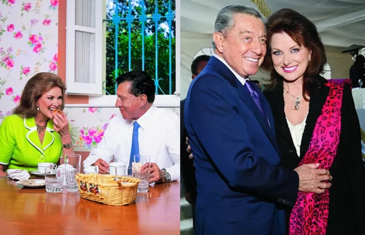 A la izquierda en noviembre de 2002, en la Casa de Gobierno de Veracruz con su esposa Christiane Magnani. A la derecha la foto más reciente de la pareja en el cumpleaños 79 del Arzobispo Chedraoui.