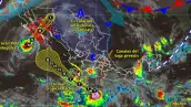 Mapa satelital de México con nubes y señales rojas, verdes y amarillas del huracán Polo, tormenta tropical Rachel.jpg