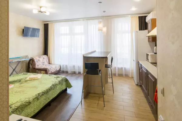 Interior of a small studio room, overall plan