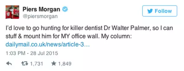 "Me encabtaría ir de caceria por el dentista asesino Dr. Walter Palmer, para poder disecarlo y montarlo en la pared de MI oficina".