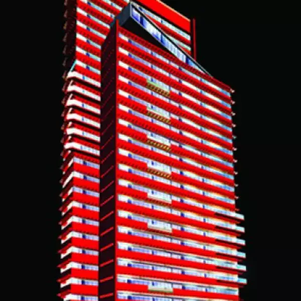 El rojo es el color clave de la construcción.