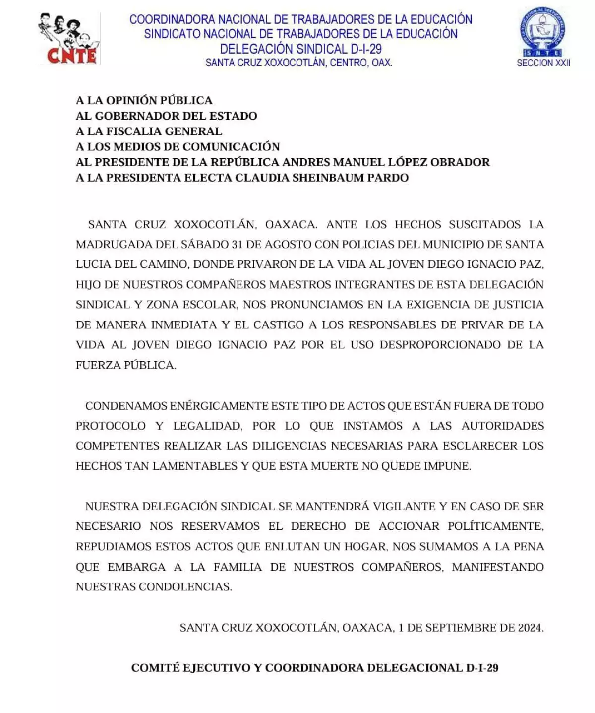 What is known about the young man killed in an operation in Oaxaca cnte-demands-justice-diego-paz-oaxaca.jpg