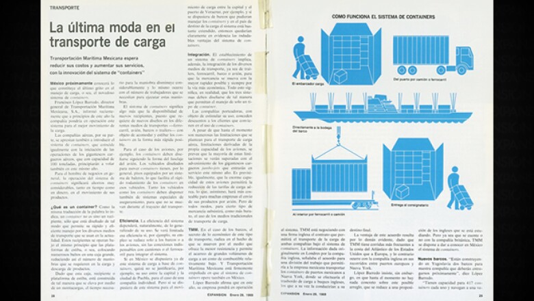 Otro de reportaje principal del primer número abordaba el “novedoso” sistema de contenedores: “Un container es un recipiente diseñado de tal modo que permite su rápido y eficiente manejo por todos los medios de transporte”.