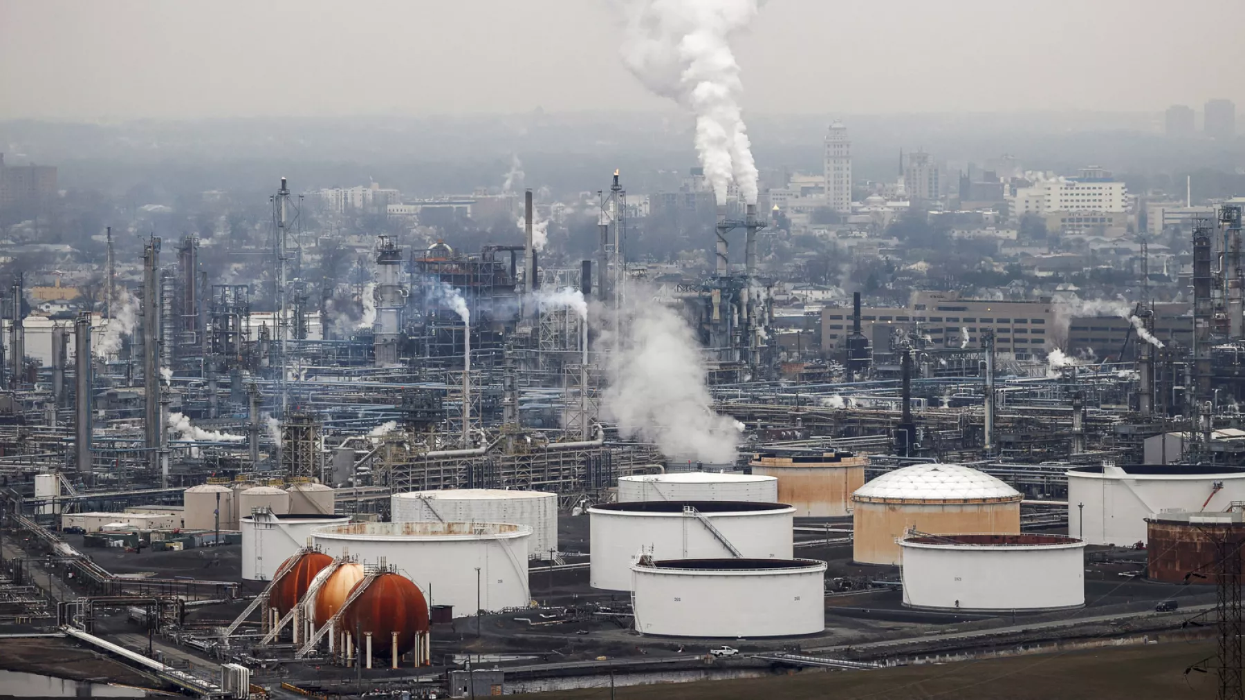 General view of oil tanks and the Bayway Refinery of Phillips 66 in Linden