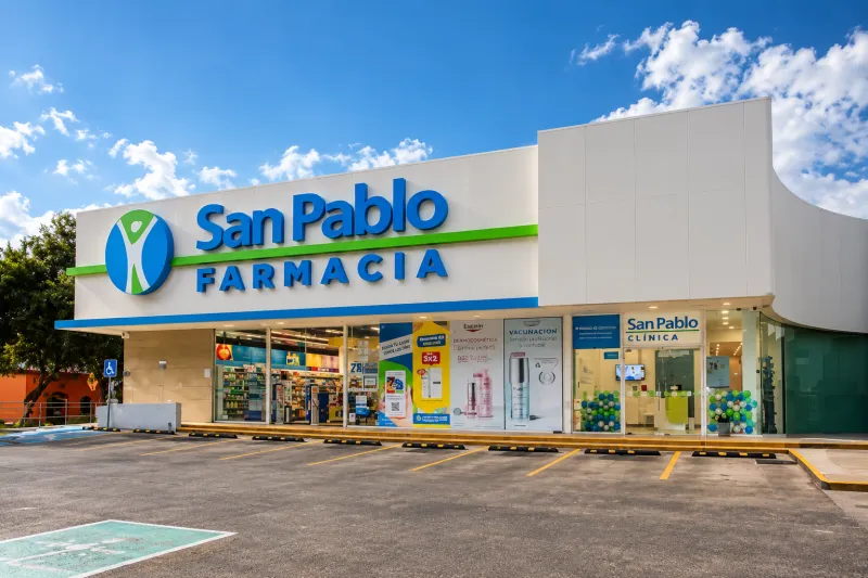 Una sucursal de San Pablo  Farmacia  vista desde el estacionamiento, con una fachada blanca y moderna que muestra el logotipo azul y verde de San Pablo y el nombre de farmacia en letras grandes. Al frente se observan los accesos de la tienda y los ventanales con anuncios de productos y servicios, además de un área identificada como San Pablo Clínica. El establecimiento cuenta con espacios de estacionamiento y señalización para personas con discapacidad. La escena está iluminada por luz natural, con árboles alrededor y un cielo azul con nubes blancas al fondo.