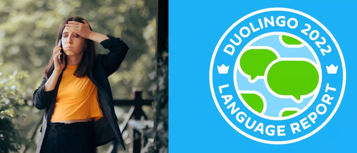 Mujer con cara de frustración y logo del reporte de idiomas de duolingo 