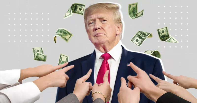 Retrato del expresidente de Estados Unidos, Donald Trump, señalado por varias manos, rodeado de billetes de 100 dólares. 