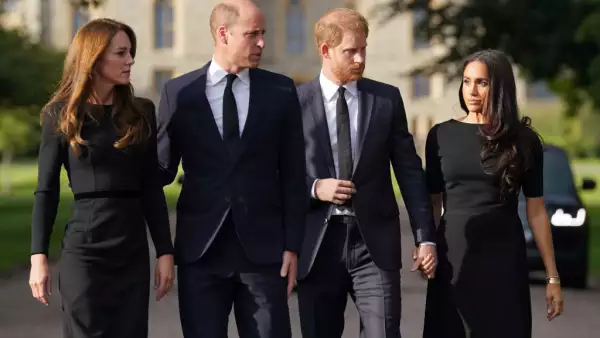 The Prince and Princess of Wales Accompanied By The Duke And Duchess Of Sussex Greet Wellwishers Outside Windsor Castle