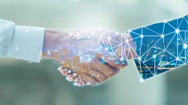 Business man handshake and network connection graphic