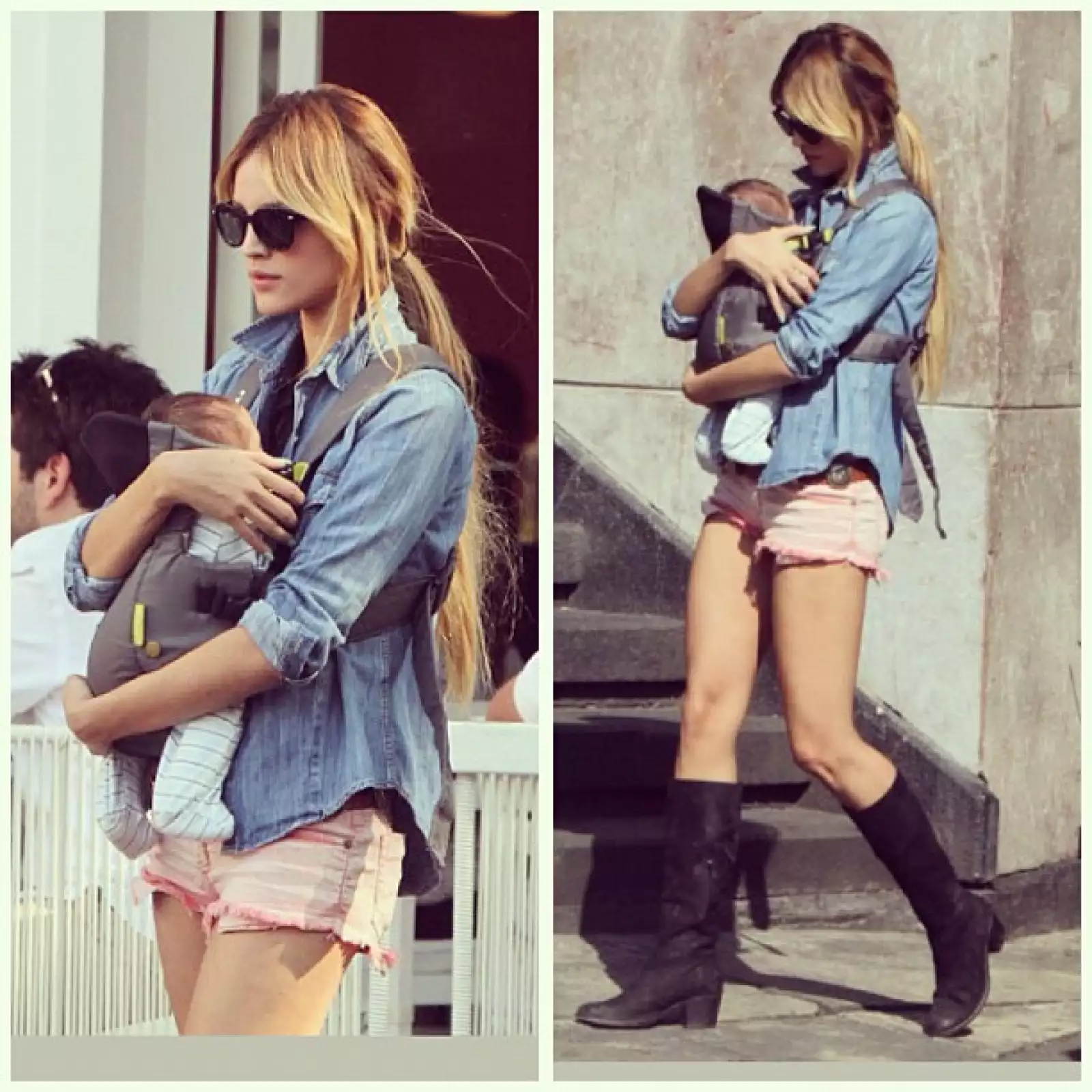 Eiza caminando con su sobrino Luca en brazos.