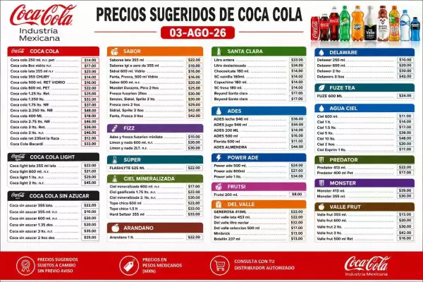 Tabla de nuevos precios de Coca Cola Femsa. 
