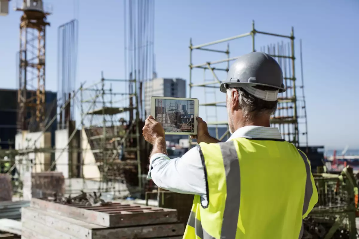 Hombre en construcción con una tableta electrónica