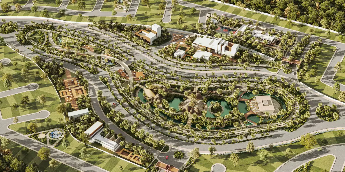 render de desarrollo inmobiliario de GRUPO GEA GRAN TELCHAC casas vistas desde la parte superior.