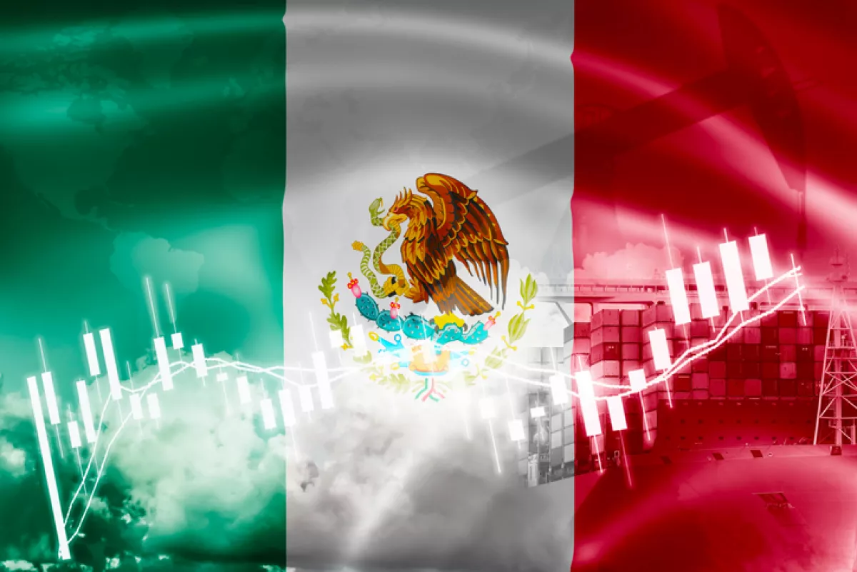 Mexico flag, stock market, exchange economy and Trade, oil production, container ship in export and import business and logistics.