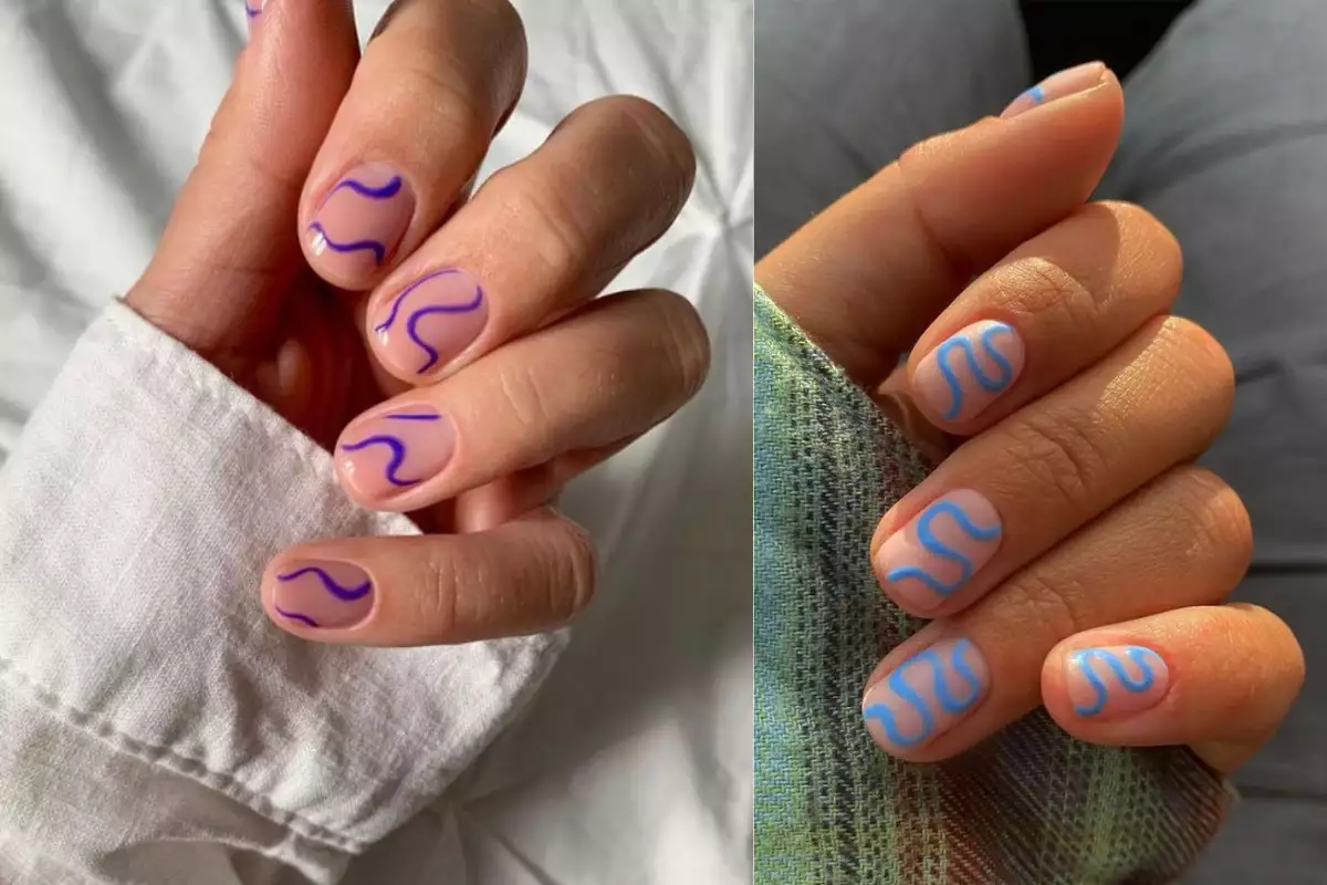 diseños de uñas con líneas curvas y colores básicos