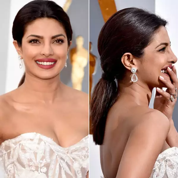 Las pestañas súper largas de Priyanka Chopra, junto con los labios en tono rojo Bordeaux hicieron que luciera espectacular. Llevó una low pony tail para darle toda la atención a su cara.