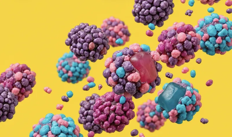 Dulces Nerds de distintos sabores flotan sobre un fondo amarillo.