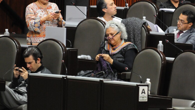 Con aguja e hilo, la diputada Laura Esquivel del partido Morena, se entretuvo en una de las sesiones del congreso tejiendo.