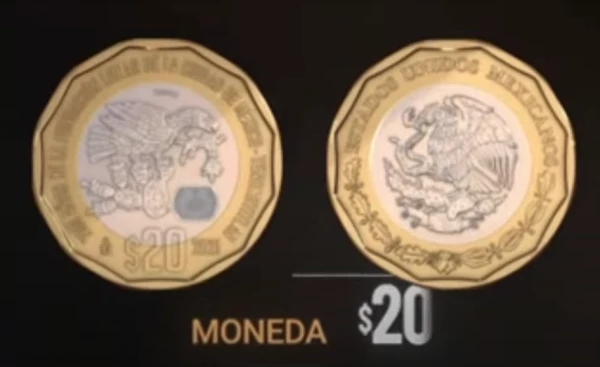 Moneda conmemorativa de 20 pesos; el reverso es alusivo a los “700 años de la fundación lunar de la ciudad de México-Tenochtitlan” presenta al centro el águila proveniente del “Teocalli de la Guerra Sagrada” y sobre ella el micro texto “TEOCALLI”.