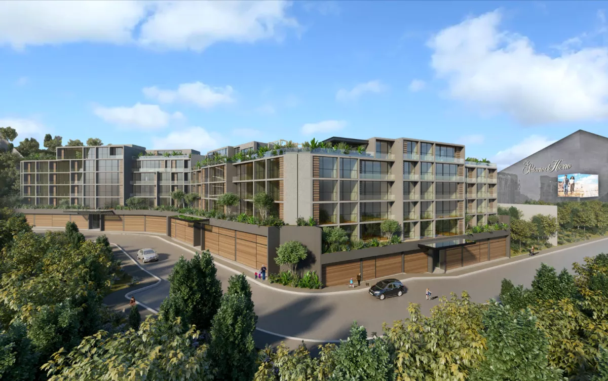 Se muestra el prototipo de la fachada del desarrollo Evia Interlomas.