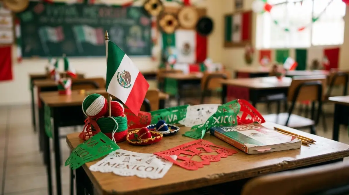 Un pupitre con decoraciones de México por la independencia del país, sobre él hay una bandera miniatura de México, papel picado color verde, blanco y rojo, y dos pequeños sombreros de mariachi, en un salón de clases también decorado. 