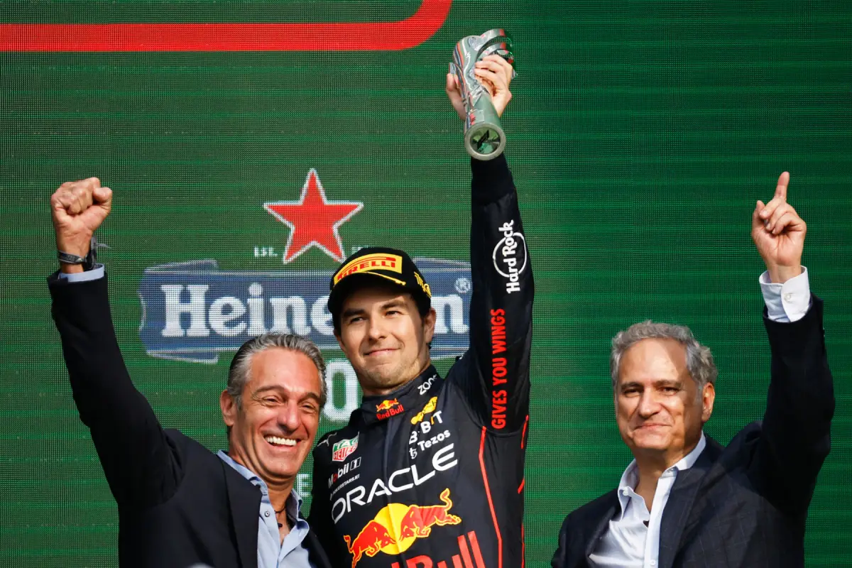 (ObligatorioThird placed Sergio Perez of Mexico and Oracle Red Bull Racing celebrates on the podium during the F1 Grand Prix of Mexico at Autodromo Hermanos Rodriguez on October 30, 2022 in Mexico City, Mexico. (Photo by Jared C. Tilton/Getty Images)