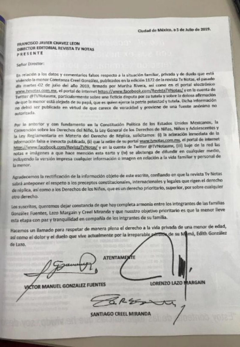 Carta firmada por Lorenzo Lazo, Víctor Manuel González y Santiago Creel.