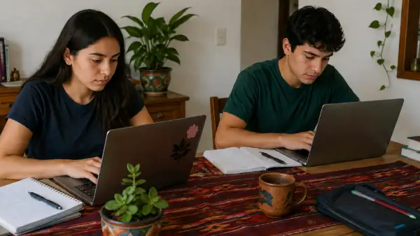 Dós jóvenes, un hombre y una mujer sentados en una mesa frente a dos computadoras.jpg