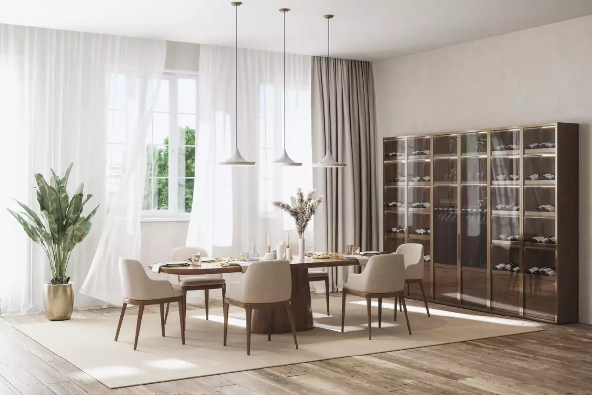 Modern Dining Room With Dining Table, Chairs, Wine Cabinet And Flying Curtains