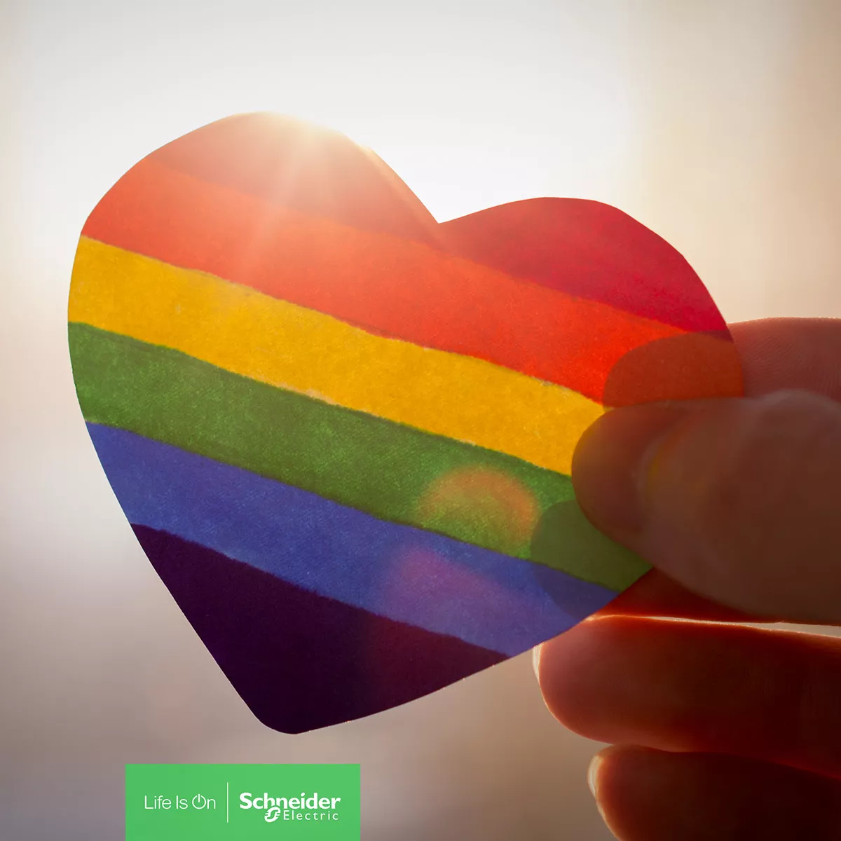 Una mano sostiene un corazón con los colores de la bandera de la comunidad LGBT+