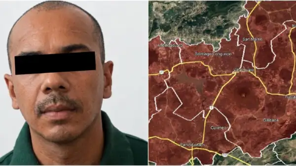 Fotografía de Manuel Alejandro “N”, “El señor de la T”. A lado un mapa de los municipios donde operaba.