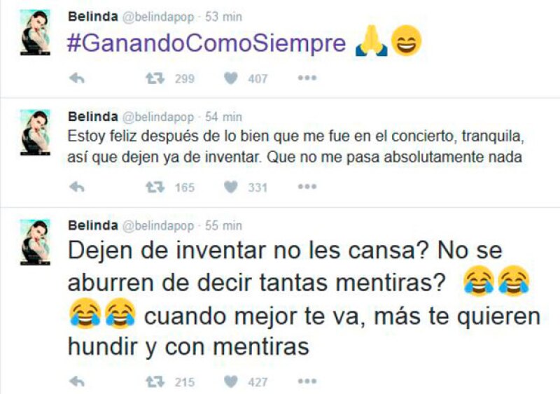 Esto fue lo que tuiteó Belinda tras informarse que había perdido el amparo que impedía que la PGR pidiera su aprehensión.