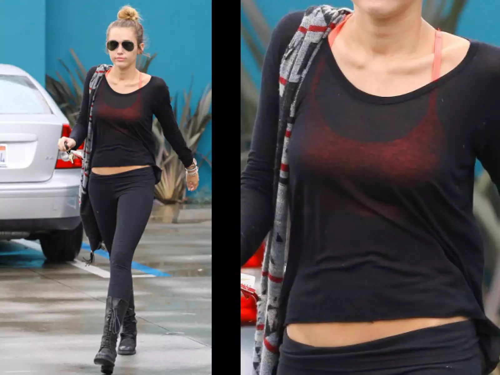 Para hacer ejercicio, Miley utilizó transparencias para lucir a través de ellas un anaranjado vivo.