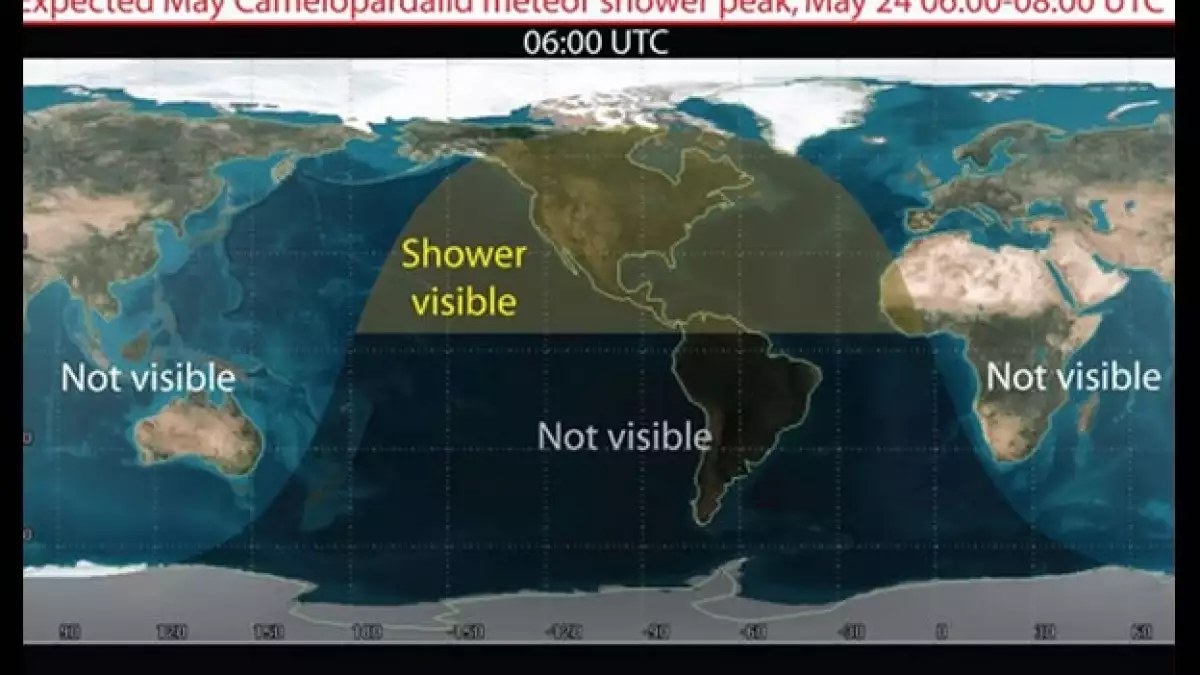 La zona oscura en este mapas muestra donde será visible la posible lluvia de estrellas para el 24 de mayo