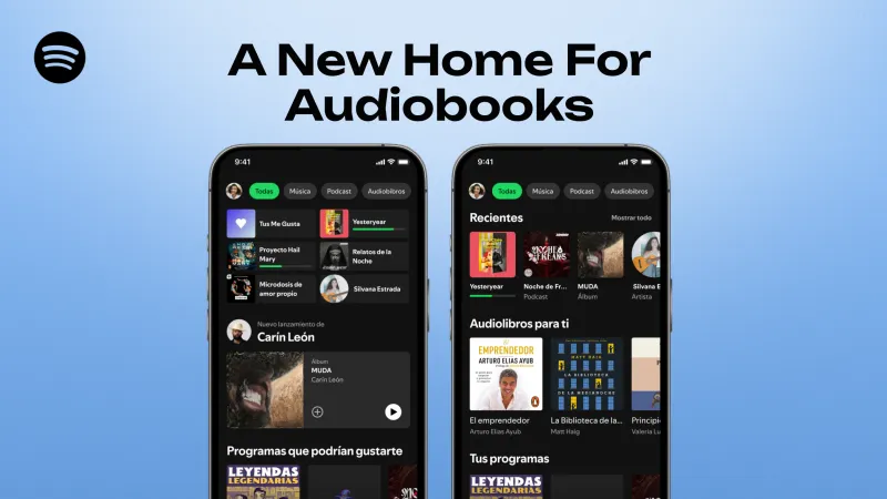 Pantalla de un teléfono con la sección de audiolibros de Spotify abierta, donde aparecen recomendaciones y categorías de libros para escuchar.