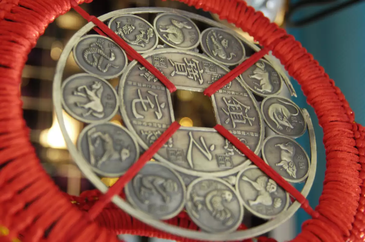 Foto de una moneda china con los 12 animales que conforman el horóscopo chino.
