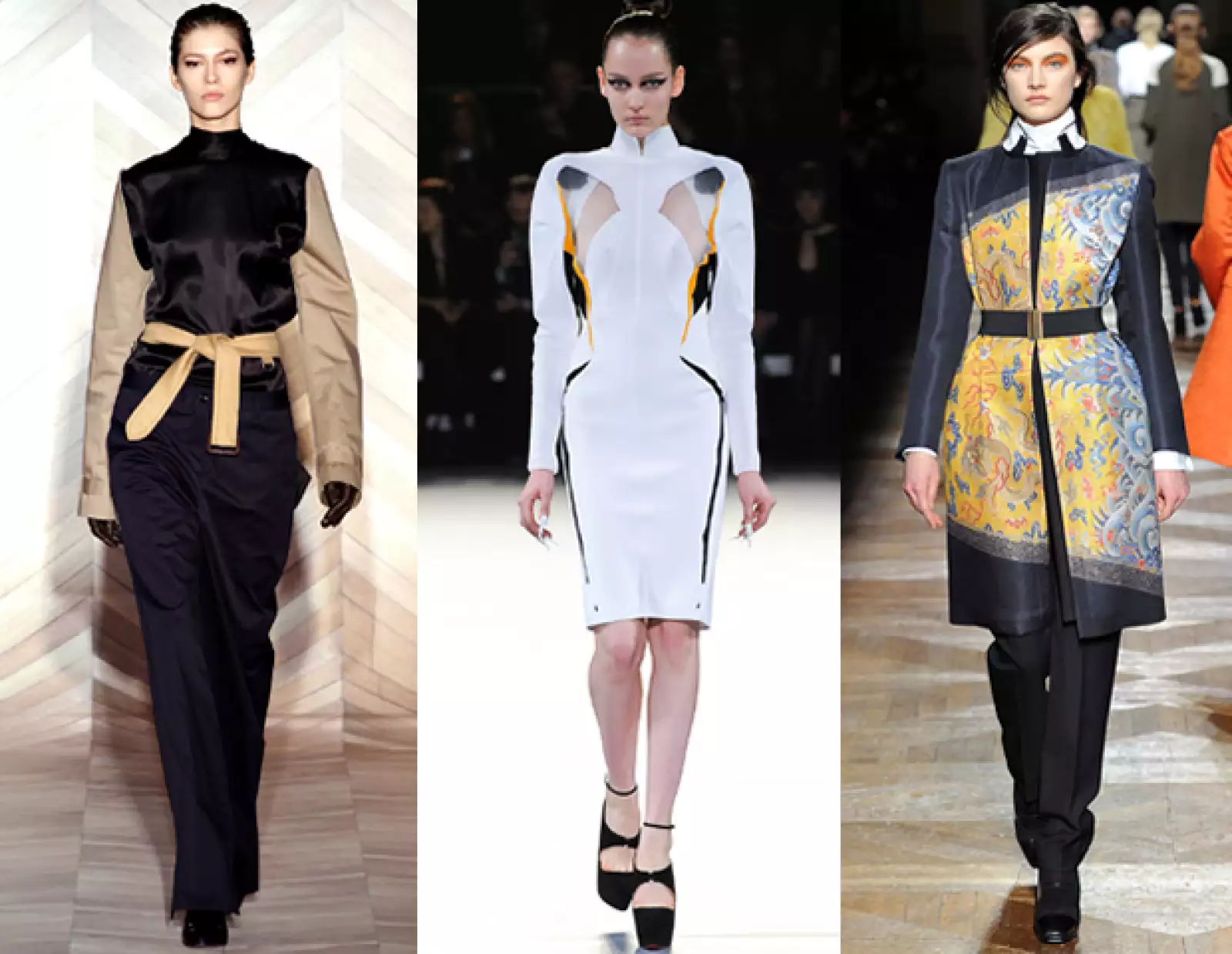Inspiración oriental:  La estructura del quimono así como motivos orientales se hacen preentes en las gamas de Mugler, Dries Van Noten y Roland Mouret.