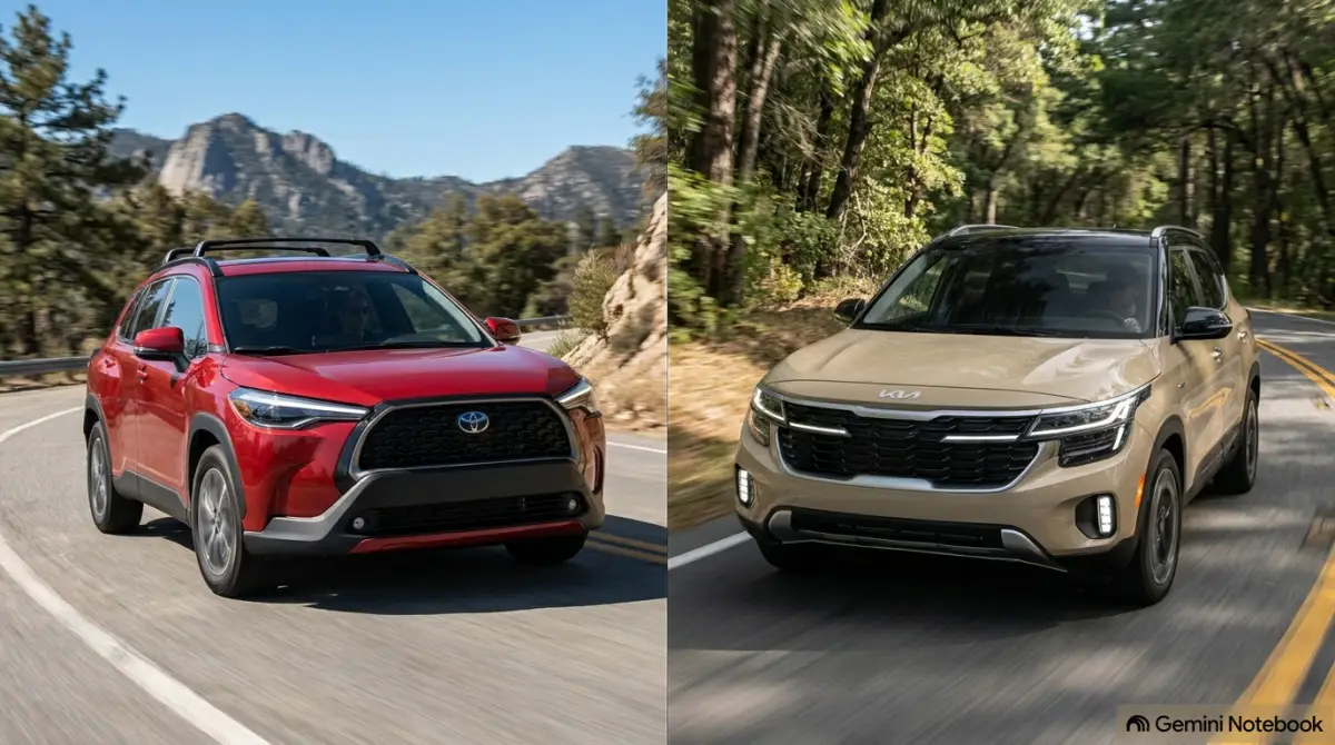 Del lado izquierdo, un Toyota Corolla Cross híbrido en color rojo; del lado derecho, un Kia Seltos híbrido en color arena.