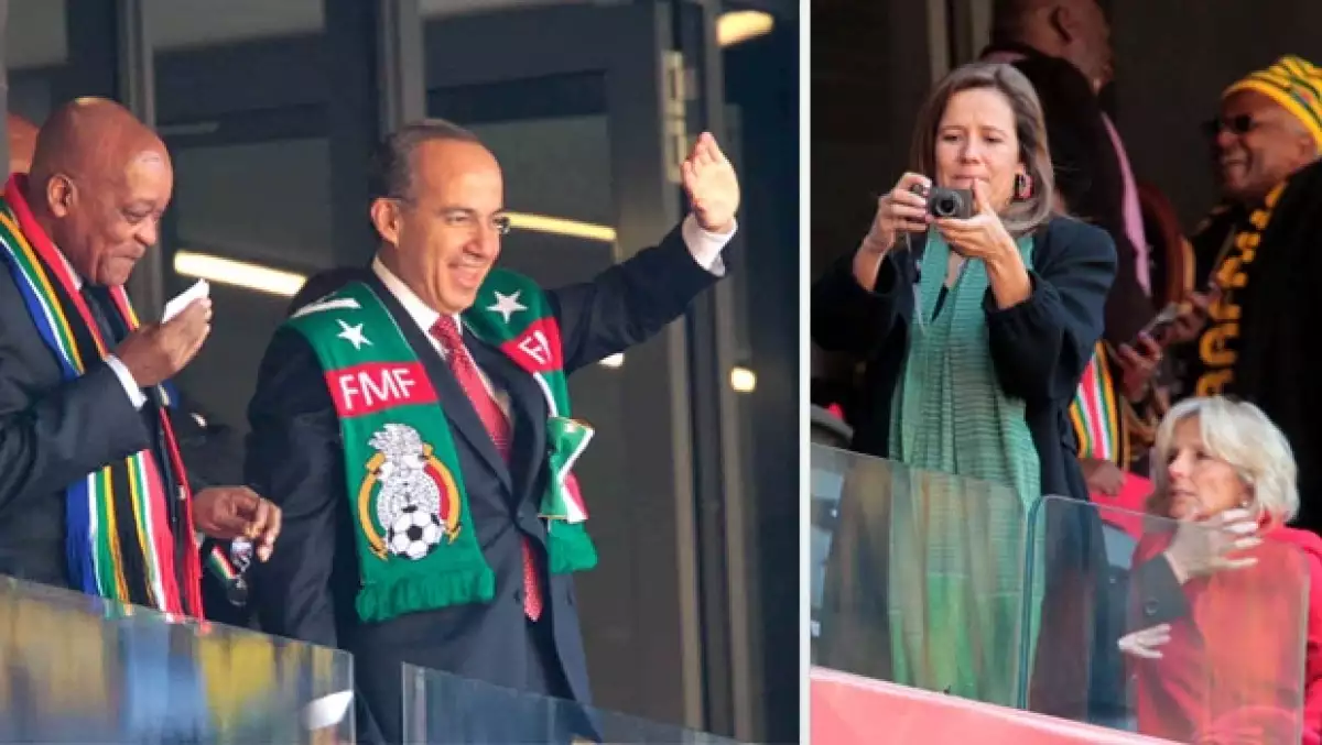 Los presidentes de México, Felipe Calderón y Sudáfrica, Jacob Zumma, en el palco de honor del estadio Soccer City de Johannesburgo. POr su lado, Margarita Zavala tomó fotos del espectáculo.