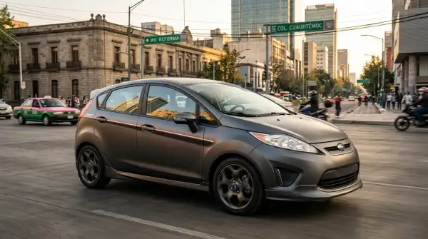 Ford Fiesta 200 recorriendo las calles de la Ciudad de México. Auto conmemorativo por el bicentenario de la independencia de México.