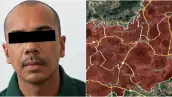 Fotografía de Manuel Alejandro “N”, “El señor de la T”. A lado un mapa de los municipios donde operaba.