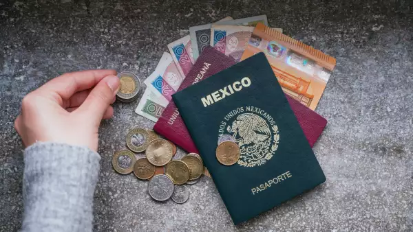 Contando dinero de diferentes países y un pasaporte mexicano y un pasaporte rumano en un lado.