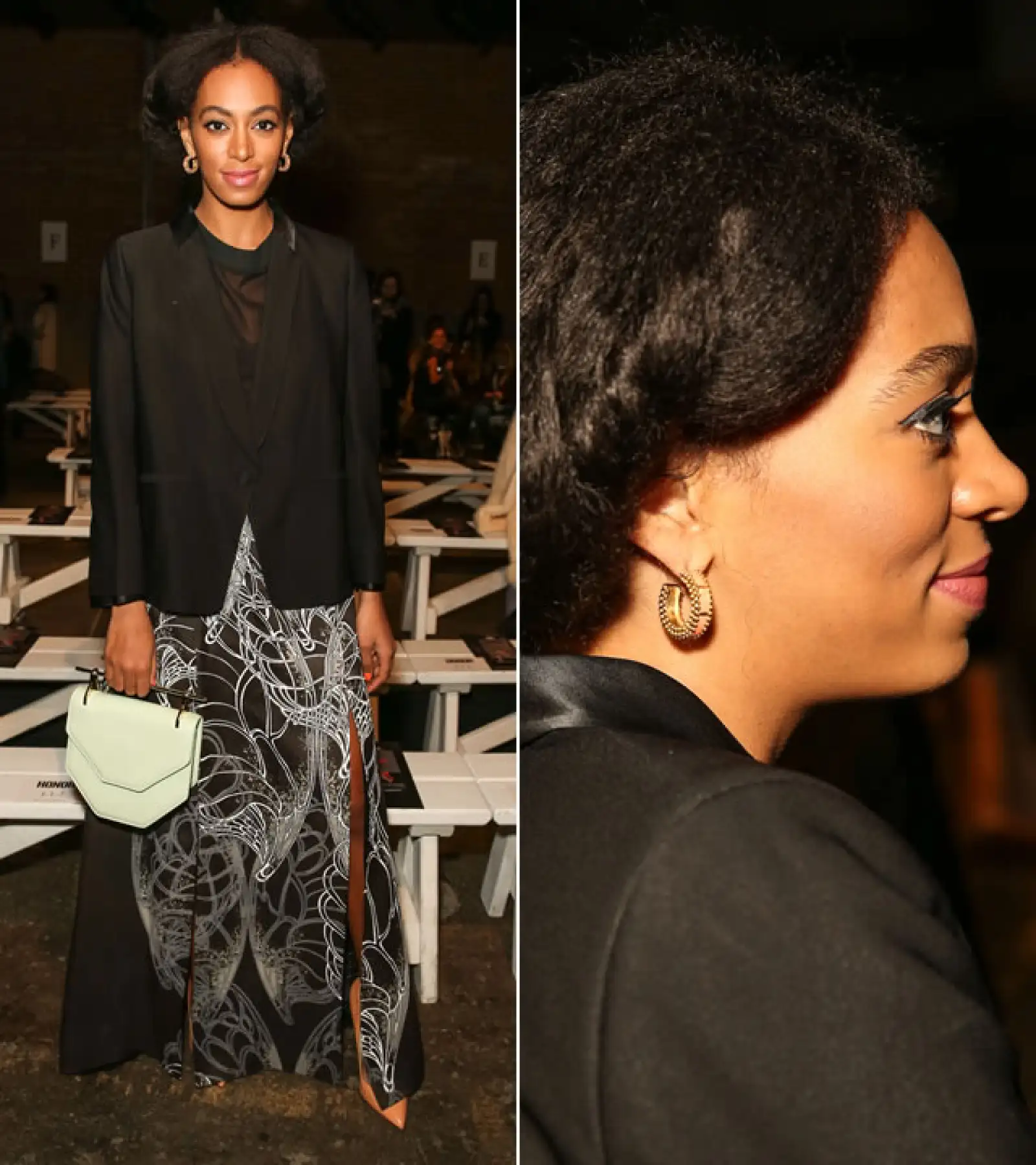 Honor Front Row NYFW 2014: Solange llevó un total look de la firma Honor para la pasarela con pumps de Rupert Sanderson. Cambió su típico afro por un medio chongo.