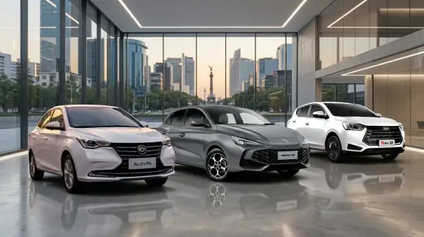 En la imagen aparecen el Changan Alsvin de Changan, MG3 de MG y el SEI 2 de JAC en un showroom en Ciudad de México.